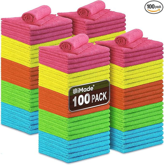 Microfiber Cleaning Cloth, 100PK Commercial Grade Work Rags Microfiber Towels for Cars Cleaning Rags Bulk Detailing Cloth for Automotive Bar Mechanic Restaurant Garage, 11.5"x11.5", Multicolor