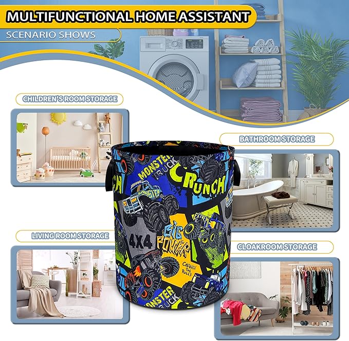 Truck Laundry Basket Big Rig Cartoon Foldable Waterproof Oxford Cloth Funny Tote Bag Laundry Hamper Clothes Storage Bucket Toy Organizer For Bathroom/Laundry Storage/Bedroom 18.9x16.5 Inch