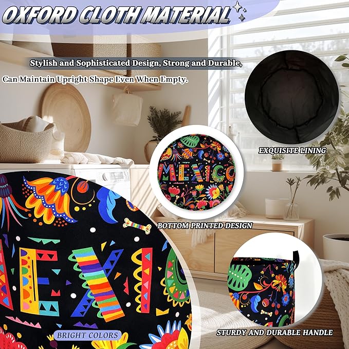 Mexico Laundry Basket Foldable Colorful Hippie Floral Laundry Hamper With Handle Oxford Cloth Portable Clothes Storage Organizer Basket 18.9"x16.5" Laundry Bag For Laundry Room/Bedroom/Bathrooms