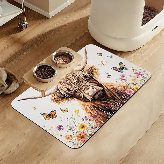 Highland Cow Butterfly Dog Food Mat–Absorbent Quick Dry Feeding Placemat for Food and Water Bowls, Non Slip Rubber Backing, Waterproof Pet Supplies for Mess-Free Eating 12"x20"