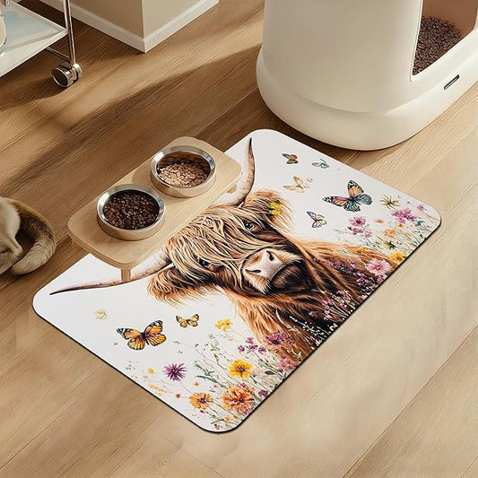 Highland Cow Butterfly Dog Food Mat–Absorbent Quick Dry Feeding Placemat for Food and Water Bowls, Non Slip Rubber Backing, Waterproof Pet Supplies for Mess-Free Eating 12"x20"