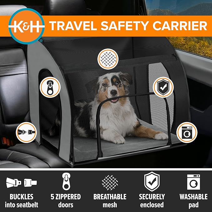 K&H Pet Products Enclosed Large Dog Car Seat, Travel Safety Carrier, Dog Travel Car Seat, Soft-Sided Covered Pet Carrier, Washable Pad, Multiple Entrances, Mesh Windows - Large 29.5 X 22 X 25.5in