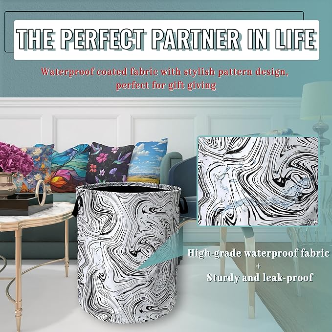 Black and White Marble Texture Laundry Basket Foldable With Handles Tote Bag Oxford Cloth Funny Laundry Hamper Clothes Storage Bucket Toy Organizer 18.9"x16.5"For Bathroom/Laundry/Bedroom