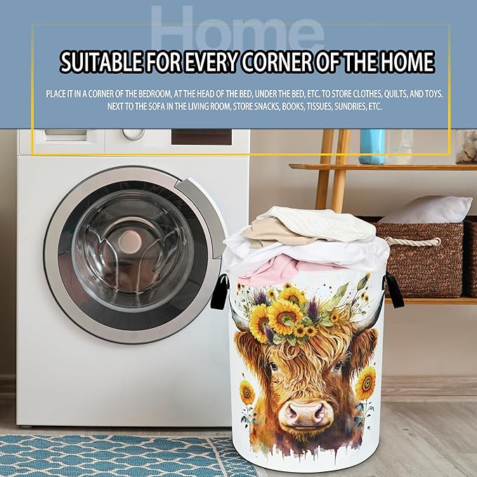 Highland Cow Sunflower Laundry Basket Flowers Foldable Oxford Cloth Funny Tote Bag Laundry Hamper Clothes Storage Bucket Toy Organizer For Bathroom/Laundry Storage/Bedroom 18.9x16.5 Inch