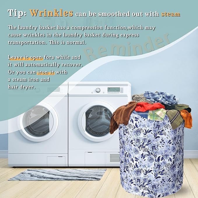 Blue Flower Floral Laundry Basket Foldable With Handles Beautiful Tote Bag Oxford Cloth Colorful Laundry Hamper Clothes Storage Bucket Toy Organizer 18.9"x16.5"For Bathroom/Laundry/Bedroom