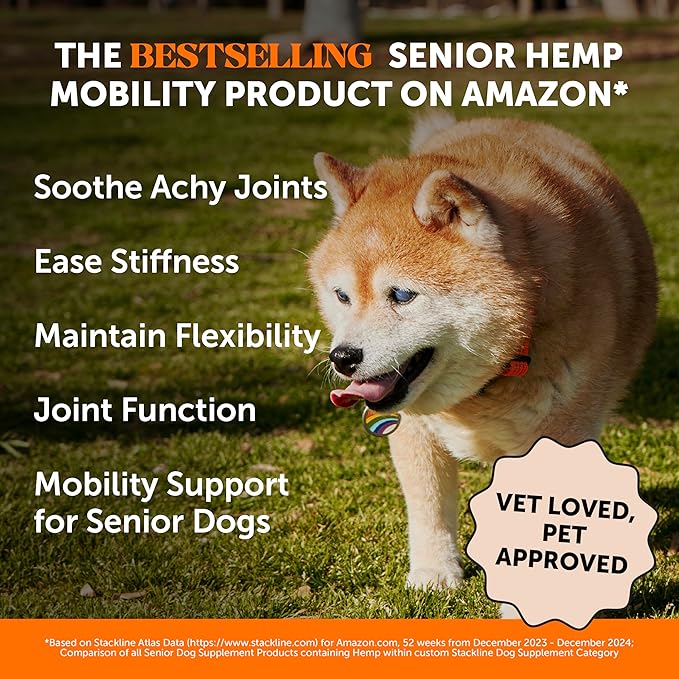 Senior Hemp Hip & Joint Support, Hemp for Dogs, Mobility Support for Senior Dogs, Glucosamine, Collagen, MSM, Green Lipped Mussel, Helps Discomfort (Peanut Butter, 90)