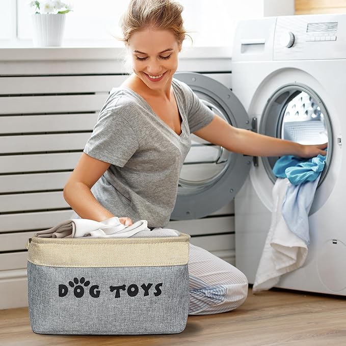 PET ARTIST Dog Toy Basket, Collapsible Dog Toy Bin Box with Comfortable Handles, Large Pet Toy Storage Basket Organizer for Accessories, Toys, Coat & Clothing, Blanket & Leash, Gray, 15"x11"x9"