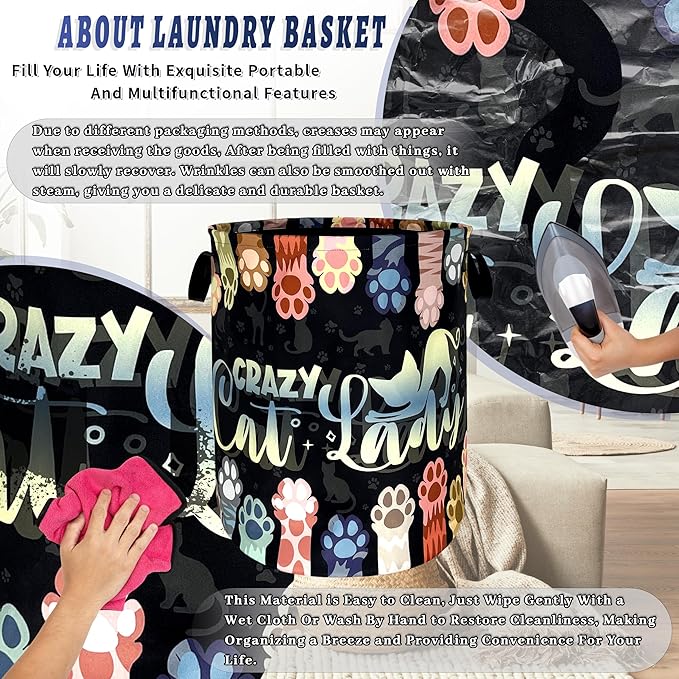 Watercolor Cat Paw Laundry Basket Foldable Funny Animal Cats Laundry Hamper With Handle Oxford Cloth Portable Clothes Storage Organizer Basket 18.9"x16.5"Laundry Bag For Laundry Room/Bedroom/Bathroom