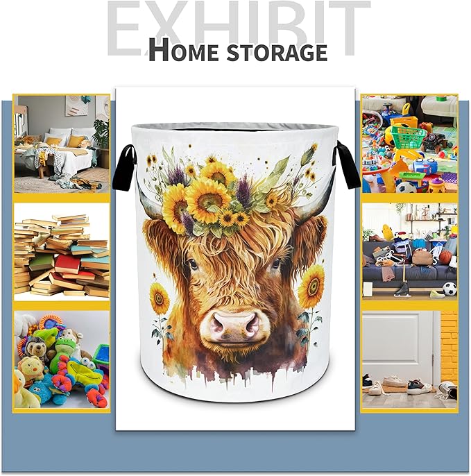 Highland Cow Sunflower Laundry Basket Flowers Foldable Oxford Cloth Funny Tote Bag Laundry Hamper Clothes Storage Bucket Toy Organizer For Bathroom/Laundry Storage/Bedroom 18.9x16.5 Inch