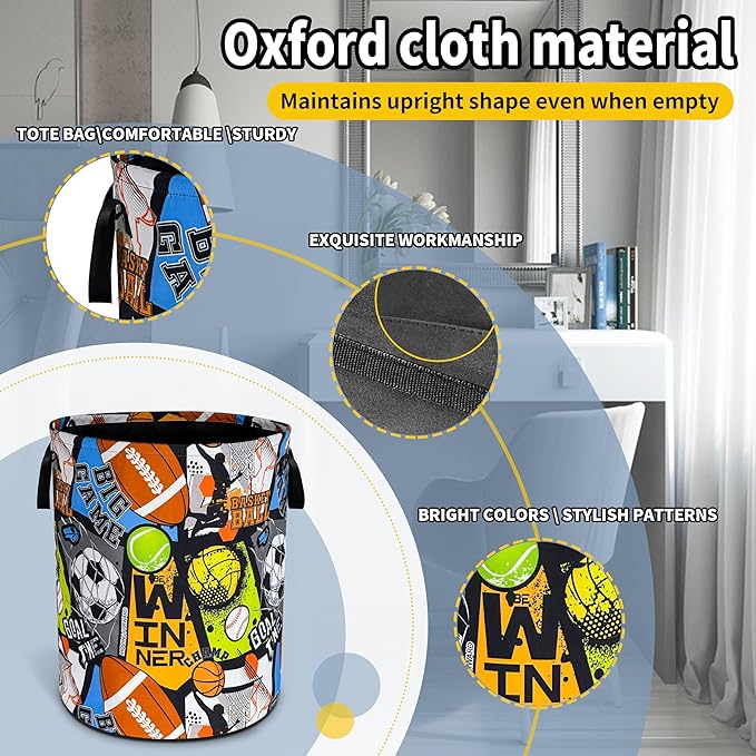 Ball Game Laundry Basket Sports Foldable Waterproof Oxford Cloth Funny Tote Bag Laundry Hamper Clothes Storage Bucket Toy Organizer For Bathroom/Laundry Storage/Bedroom 18.9x16.5 Inch