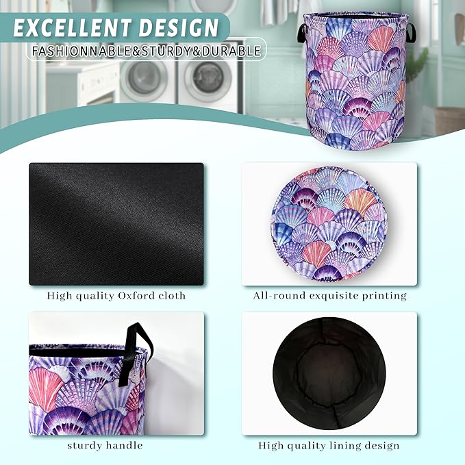 Watercolor Seashell Laundry Basket With Handles Oxford Cloth Tote Bag Colorful Laundry Hamper18.9"x16.5 "Foldable Clothe Storage Bucket Toy Organizer For Bathroom/Laundry/Bedroom