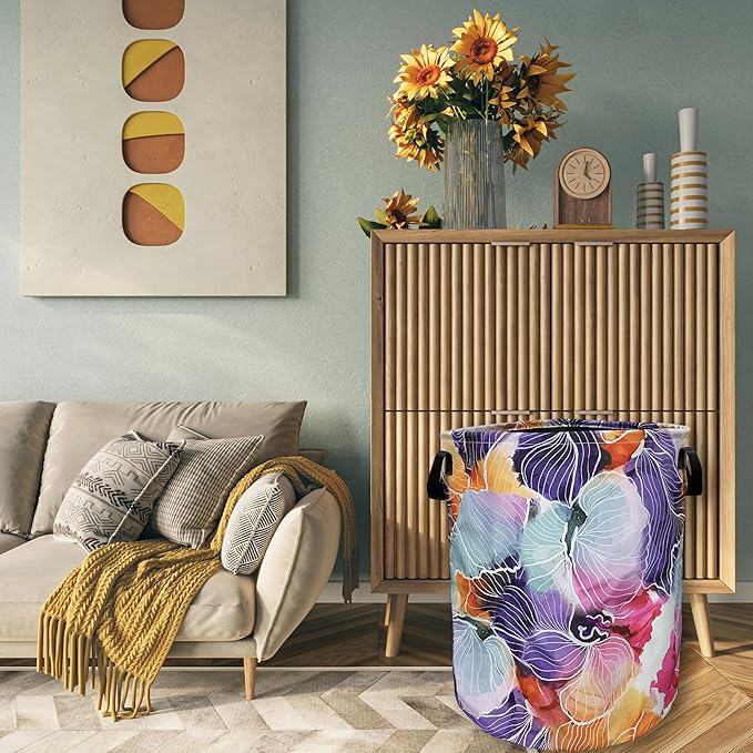 Abstract Watercolor Floral Laundry Basket Foldable With Handles Tote Bag Oxford Cloth Flowers Laundry Hamper Clothes Storage Bucket Toy Organizer 18.9" x 16.5" For Bathroom/Laundry/Bedroom