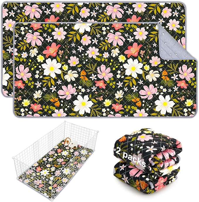Bienbee Guinea Pig Bedding, 2 Pack 47" x 24" Reusable Guinea Pig Cage Liner Waterproof and Absorbent Small Animal Bedding Washable Pee Pads for Small Pet Hamster Rabbit Squirrel Pink and White Flowers