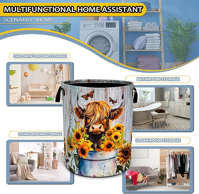 Highland Cow Sunflower Laundry Basket Animal Foldable Oxford Cloth Funny Tote Bag Laundry Hamper Clothes Storage Bucket Toy Organizer For Bathroom/Laundry Storage/Bedroom 18.9x16.5 Inch