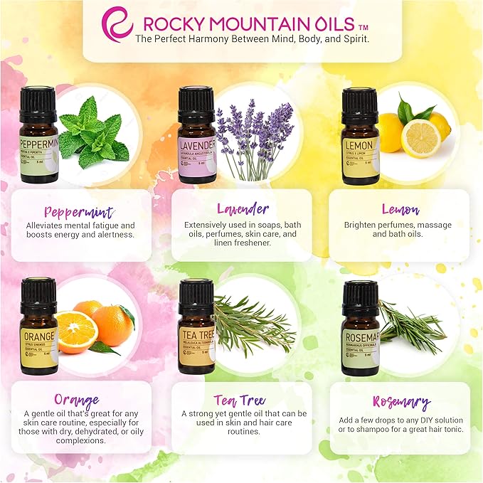 Rocky Mountain Oils The Essentials Kit - Includes Lavender, Lemon, Orange, Peppermint, Tea Tree, and Rosemary Essential Oil - Topical, and Cleaning - 5ml