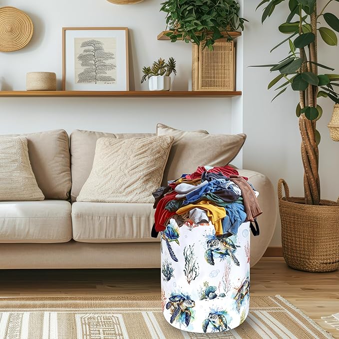 Sea Turtles Laundry Basket Foldable Ocean Animal Turtle Laundry Hamper With Handle Oxford Cloth Portable Clothes Storage Organizer Basket 18.9"x16.5" Laundry Bag For Laundry Room/Bedroom/Bathrooms