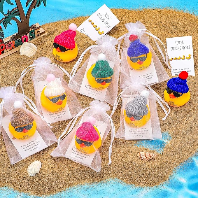 Deekin 30 Sets Thank You Gift Set You're Ducking Great Cheer up Cards Mini Rubber Ducks with Glasses and Hats with Card Organza Bags Bulk Toy for Cruises Kids Coworkers(Delicate,Lively Color)