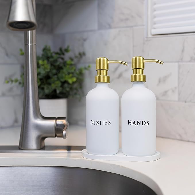White Glass Hand and Dish Soap Dispenser Set - Modern Farmhouse Sink Accessories - Liquid Soap Dispenser - 16 oz Kitchen Sink Soap Dispenser Set with Tray, Gold Pumps & Funnel