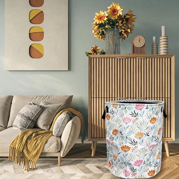Beautiful Floral Laundry Basket Foldable With Handles Tote Bag Oxford Cloth Colorful Flowers Laundry Hamper Clothes Storage Bucket Toy Organizer 18.9" x 16.5" For Bathroom/Laundry/Bedroom