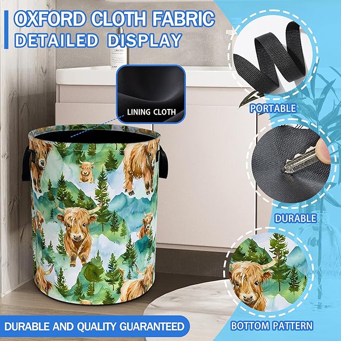 Highland Cattle Laundry Basket Grassland Oxford Cloth Laundry Hamper With Handle Foldable Portable Clothes Storage Basket 18.9 X 16.5 In Storage Bag For Laundry Room/Bathroom/Bedroom/Dormitories