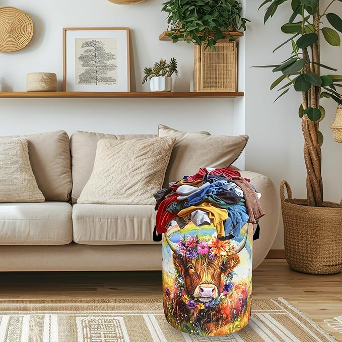Watercolor Highland Cow Laundry Hamper Oxford Cloth Animal Flowers Laundry Basket With Handle Portable Clothes Storage Basket Foldable Laundry Bag 18.9"x16.5" For Laundry Room/Bedroom/Bathroom