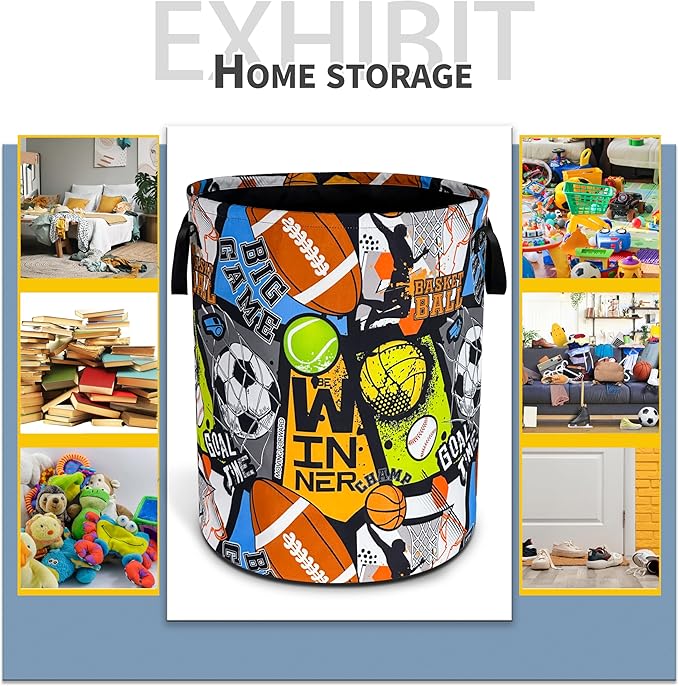 Ball Game Laundry Basket Sports Foldable Waterproof Oxford Cloth Funny Tote Bag Laundry Hamper Clothes Storage Bucket Toy Organizer For Bathroom/Laundry Storage/Bedroom 18.9x16.5 Inch