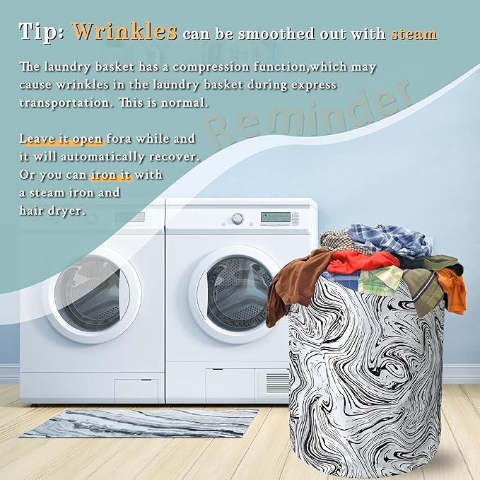 Black and White Marble Texture Laundry Basket Foldable With Handles Tote Bag Oxford Cloth Funny Laundry Hamper Clothes Storage Bucket Toy Organizer 18.9"x16.5"For Bathroom/Laundry/Bedroom