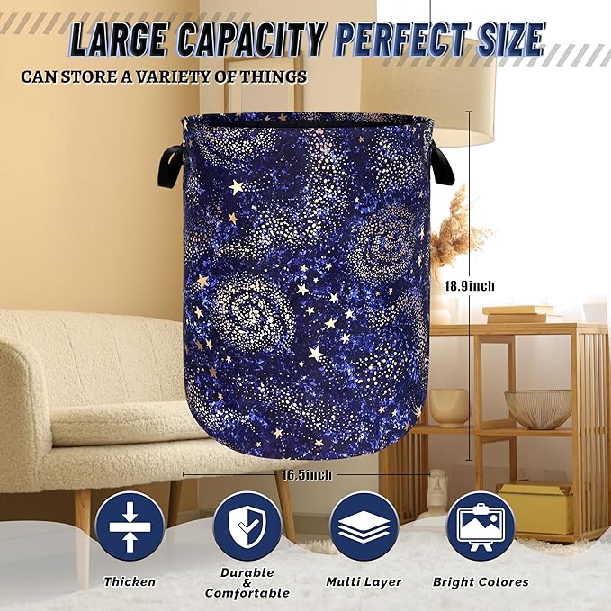 Blue Galaxy Laundry Basket Foldable Colorful Starry Sky Laundry Hamper With Handle Oxford Cloth Portable Clothes Storage Organizer Basket 18.9"x16.5" Laundry Bag For Laundry Room/Bedroom/Bathrooms