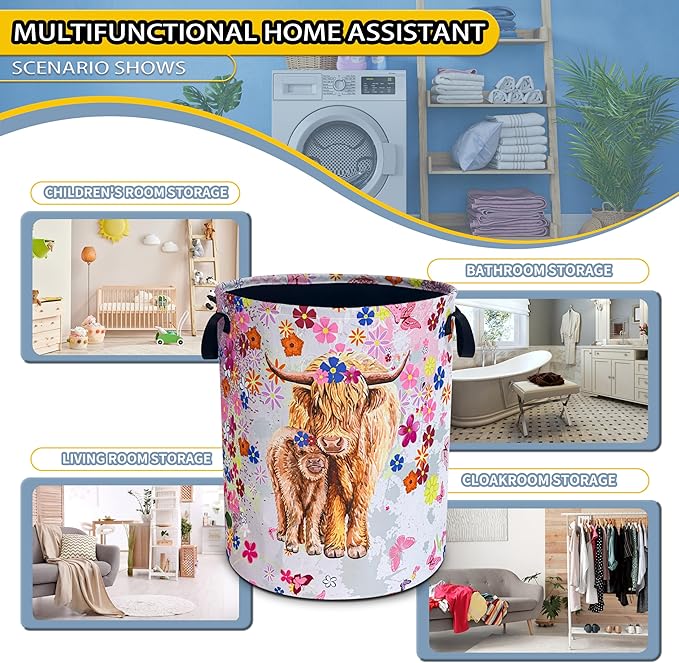 Highland Cow Laundry Basket Cute Cattle Foldable Waterproof Oxford Cloth Funny Tote Bag Laundry Hamper Clothes Storage Bucket Toy Organizer For Bathroom/Laundry Storage/Bedroom 18.9x16.5 Inch