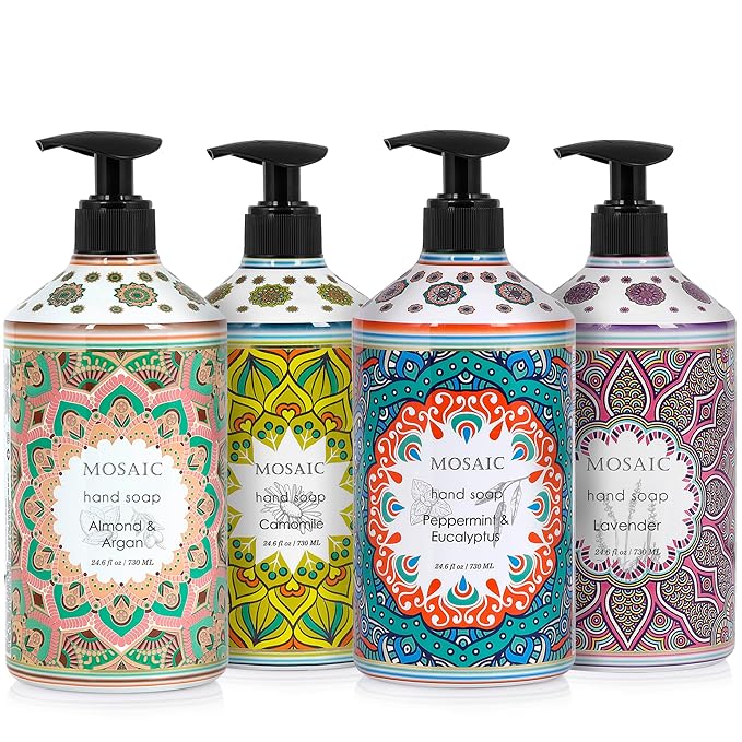 AnatoliaDaphne Mosaic Liquid Hand Soap/Wash Gift Set, Ideal Bathroom Kitchen Hand Soap Set,Lavender + Almond & Argan + Peppermint & Eucalyptus + Camomile, 4 x 24.6 fl oz Each Liquid Soap Bottle