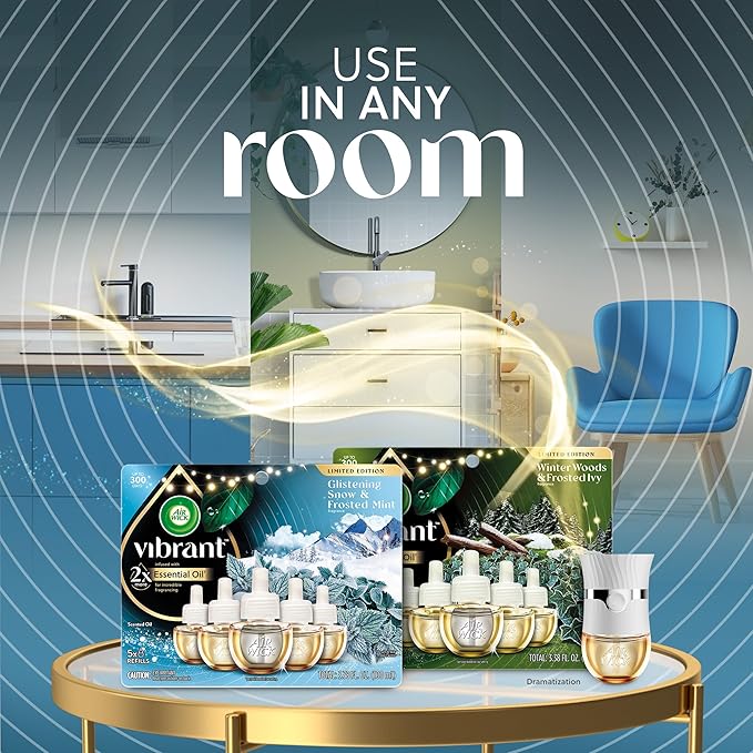 Air Wick Plug In Advanced Scented Oil,Glistening Snow Frosted Mint,Air Fresheners for Home Long Lasting, Room Freshener, House Essentials for Small Spaces + Large Spaces (Pack of 25)