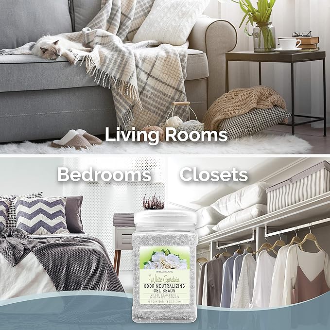 SMELLS BEGONE 48 oz Odor Eliminator Gel Bead Refill - Eliminates Odors from Bathrooms, Cars, Boats, RVs and Pet Areas - Air Freshener - Made with Essential Oils - White Gardenia Scent