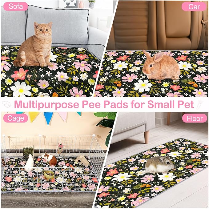 Bienbee Guinea Pig Bedding, 2 Pack 47" x 24" Reusable Guinea Pig Cage Liner Waterproof and Absorbent Small Animal Bedding Washable Pee Pads for Small Pet Hamster Rabbit Squirrel Pink and White Flowers
