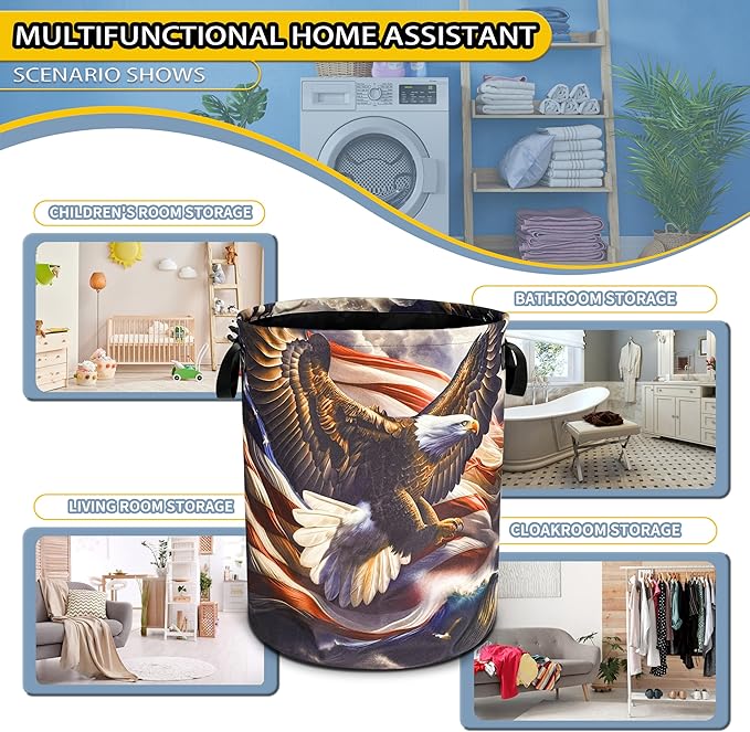 American Flag Bald Eagle Laundry Basket Foldable Oxford Cloth Funny Tote Bag Laundry Hamper Clothes Storage Bucket Toy Organizer For Bathroom/Laundry Storage/Bedroom 18.9x16.5 Inch