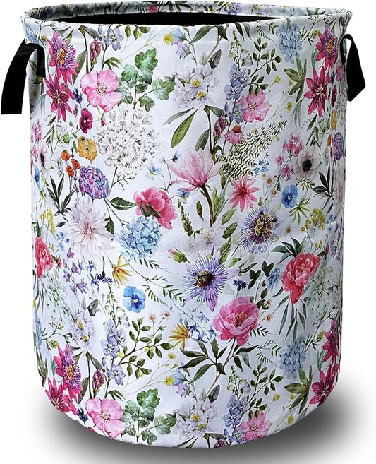 Watercolor Flower Floral Laundry Basket Foldable With Handles Tote Bag Oxford Cloth Colorful Laundry Hamper Clothes Storage Bucket Toy Organizer 18.9" x 16.5" For Bathroom/Laundry/Bedroom