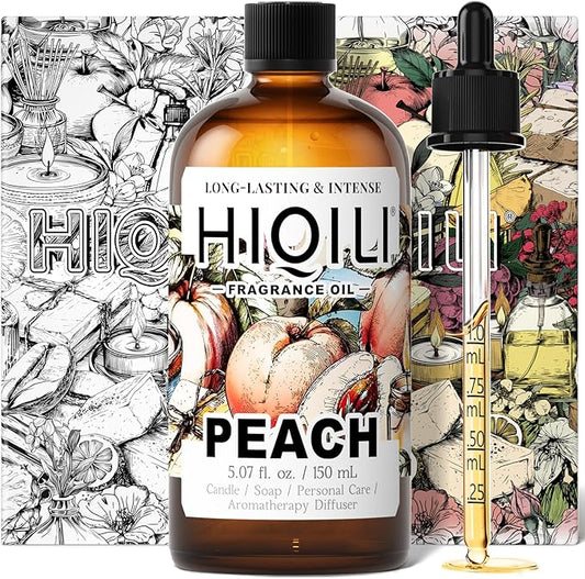 HIQILI Peach Fragrance Oil for Home Diffuser, DIY Candle, Linen & Room Freshener Spray Making, Juicy Fruit Scents - 5.07 Fl Oz