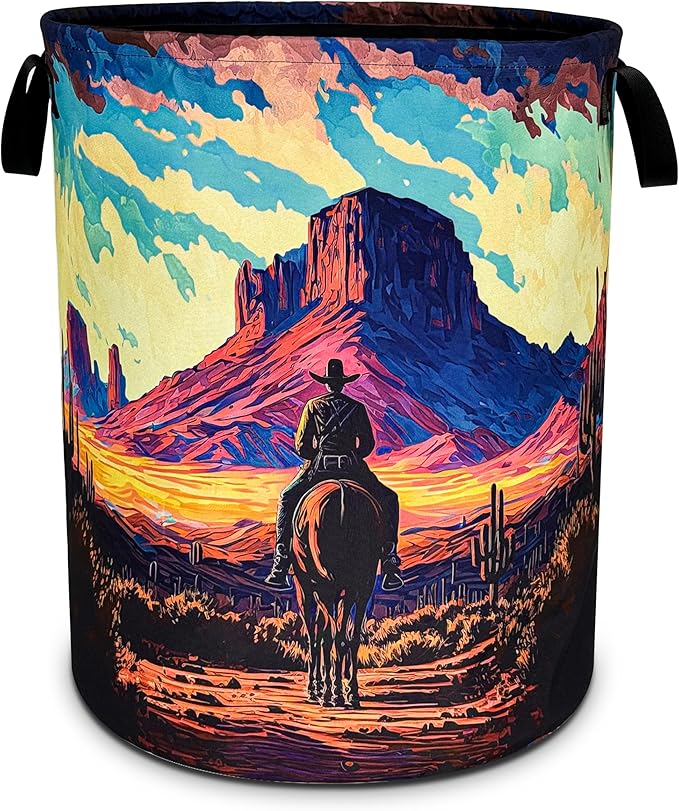 Western Cowboy Laundry Basket Desert Mountains Foldable Oxford Cloth Funny Tote Bag Laundry Hamper Clothes Storage Bucket Toy Organizer For Bathroom/Laundry Storage/Bedroom 18.9x16.5 Inch