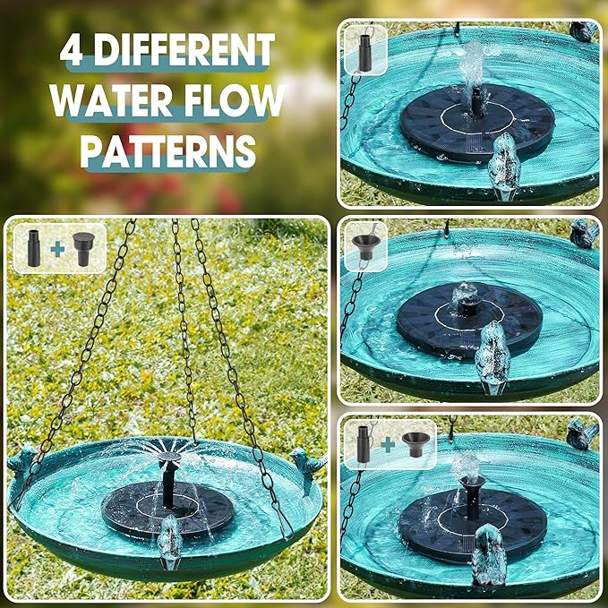 14.96" Hanging Bird Bath with Solar Fountain, Metal Birdbath with 3 Cast Iron Birds & 4 Spray Nozzles, Solar Powered Water Feature for Outdoors, Garden, Patio, Gift for Bird Lovers
