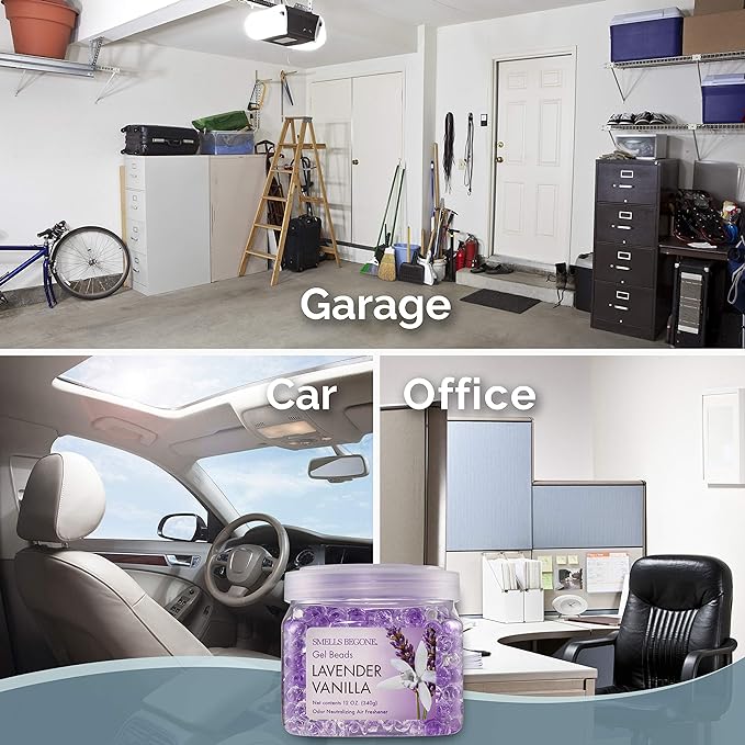 SMELLS BEGONE Odor Eliminator Gel Beads - Air Freshener - Eliminates Odor in Bathrooms, Cars, Boats, RVs & Pet Areas - Made with Essential Oils - Lavender Vanilla Scent - 12 Ounce