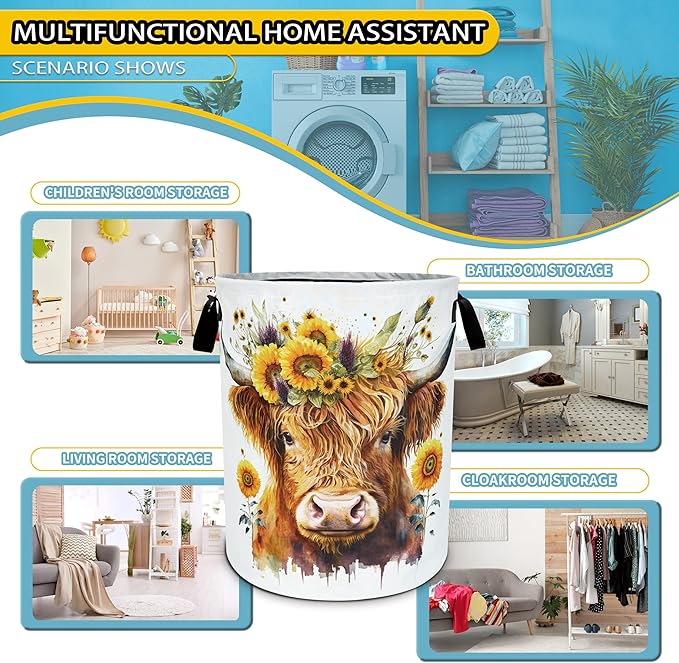 Highland Cow Sunflower Laundry Basket Flowers Foldable Oxford Cloth Funny Tote Bag Laundry Hamper Clothes Storage Bucket Toy Organizer For Bathroom/Laundry Storage/Bedroom 18.9x16.5 Inch