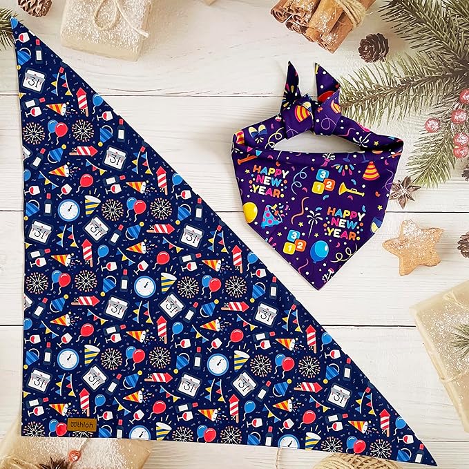Happy New Year Dog Bandanas - 2 Pack Reversible Holiday Dog Scarf for Boy and Girl, Premium Durable Fabric, Bandana for Medium and Large Dogs (Large)