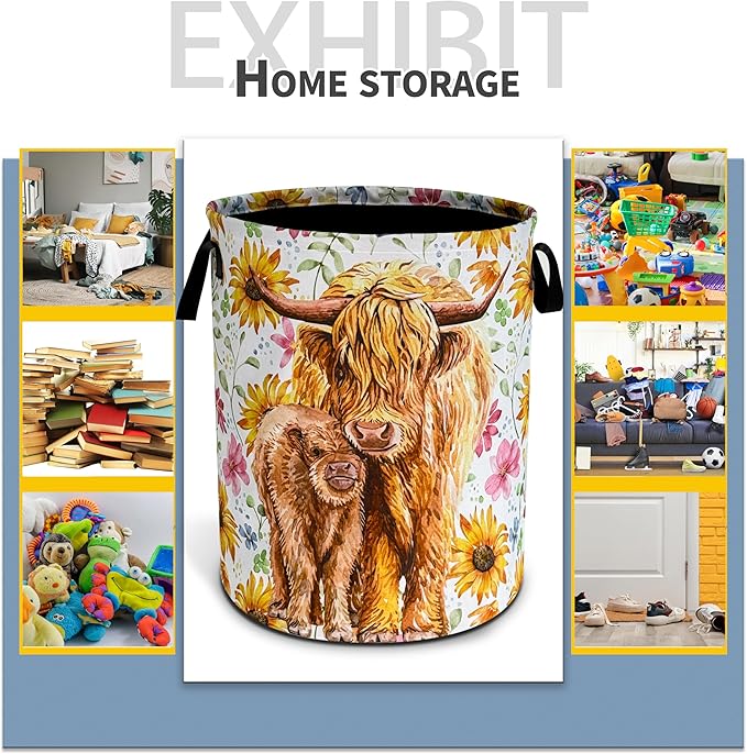 Highland Cow Laundry Basket Beautiful Flowers Foldable Oxford Cloth Funny Tote Bag Laundry Hamper Clothes Storage Bucket Toy Organizer For Bathroom/Laundry Storage/Bedroom 18.9x16.5 Inch