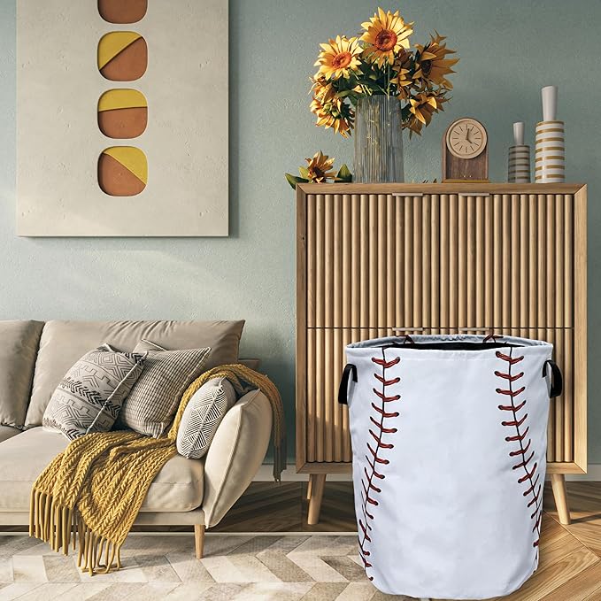 Baseball Texture Pattern Laundry Basket Foldable With Handles Tote Bag Oxford Cloth Funny Laundry Hamper Clothes Storage Bucket Toy Organizer 18.9" x 16.5" For Bathroom/Laundry/Bedroom