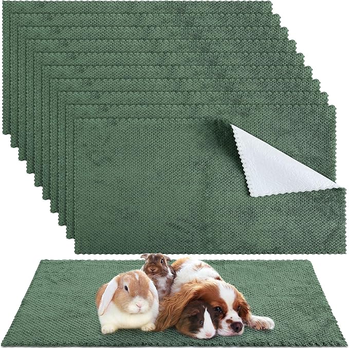 Vitalcozy 10 Pcs Guinea Pig Cage Liners Washable Rat Bedding for Guinea Pigs Controlling Absorbent Waterproof Pee Pads Blanket for Rabbits Hamster Small Animals Chinchilla(14 x 28 Inch,Dark Green)