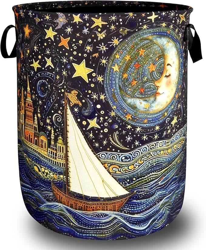 Watercolor Starry Sky Laundry Hamper Oxford Cloth Colorful Moon Laundry Basket With Handle Portable Clothes Storage Basket Foldable Laundry Bag 18.9"x16.5" For Laundry Room/Bedroom/Bathroom