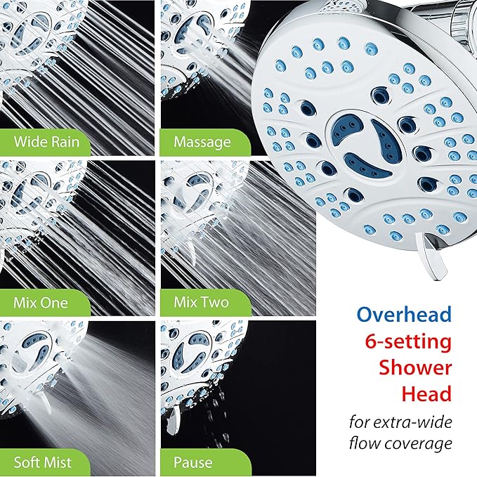 Hotel Spa AquaCare As-Seen-On-TV High Pressure 48-setting Rain & Handheld 3-way Shower Head Combo - Anti-clog Nozzles/Tub, Tile & Pet Power Wash/Extra Long 6 ft. Hose/All Chrome Finish
