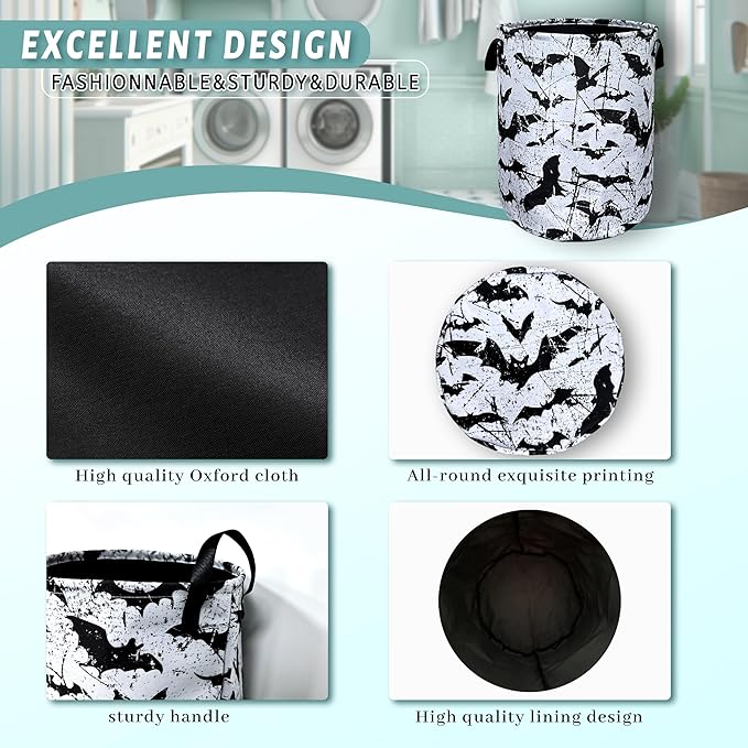 Black White Bats Laundry Basket Foldable With Handles Universal Tote Bag Oxford Cloth Funny Laundry Hamper 18.9" x 16.5" Clothes Storage Bucket Toy Organizer For Bathroom/Laundry/Bedroom