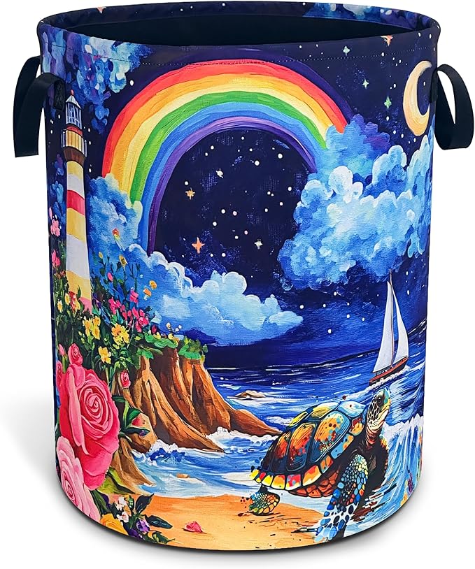 Beach Sea Turtle Laundry Basket Rainbow Lighthouse Foldable Waterproof Oxford Cloth Funny Tote Bag Laundry Hamper Clothes Storage Bucket Toy Organizer For Bathroom/Laundry Storage/Bedroom 18.9x16.5 In