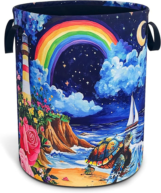 Beach Sea Turtle Laundry Basket Rainbow Lighthouse Foldable Waterproof Oxford Cloth Funny Tote Bag Laundry Hamper Clothes Storage Bucket Toy Organizer For Bathroom/Laundry Storage/Bedroom 18.9x16.5 In