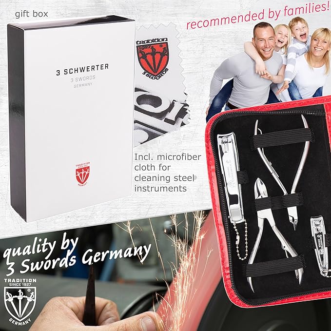 3 Swords Germany - brand quality 10 piece manicure pedicure grooming kit set for professional finger & toe nail care scissors clipper fashion leather case in gift box, Made by 3 Swords (03614) Red